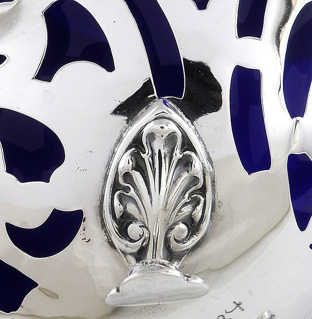 Antique c1900 American Sterling Silver Cobalt Glass Liner Pierced Basket