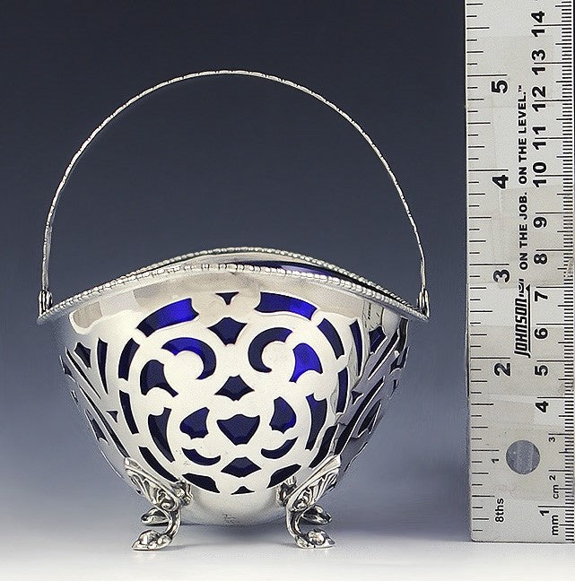 Antique c1900 American Sterling Silver Cobalt Glass Liner Pierced Basket