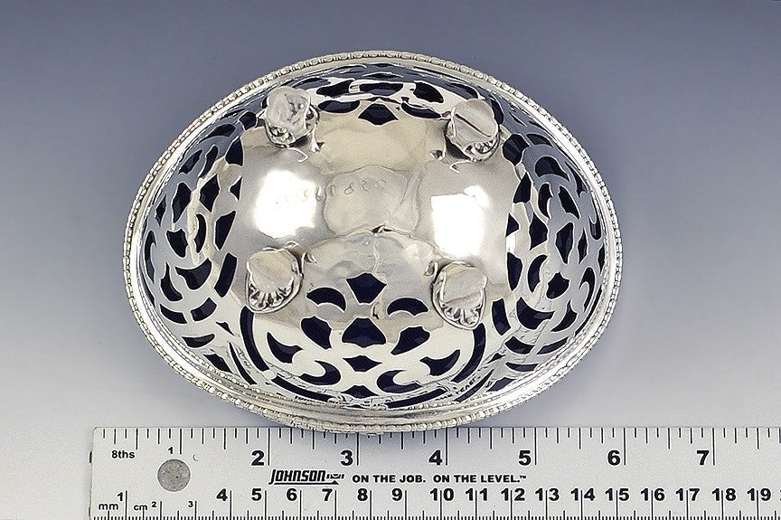 Antique c1900 American Sterling Silver Cobalt Glass Liner Pierced Basket
