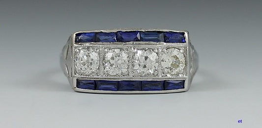 Superb Vintage Platinum 4 Diamond & Sapphire Filigree Ring 1.5 Carat TDW