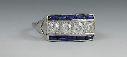 Superb Vintage Platinum 4 Diamond & Sapphire Filigree Ring 1.5 Carat TDW