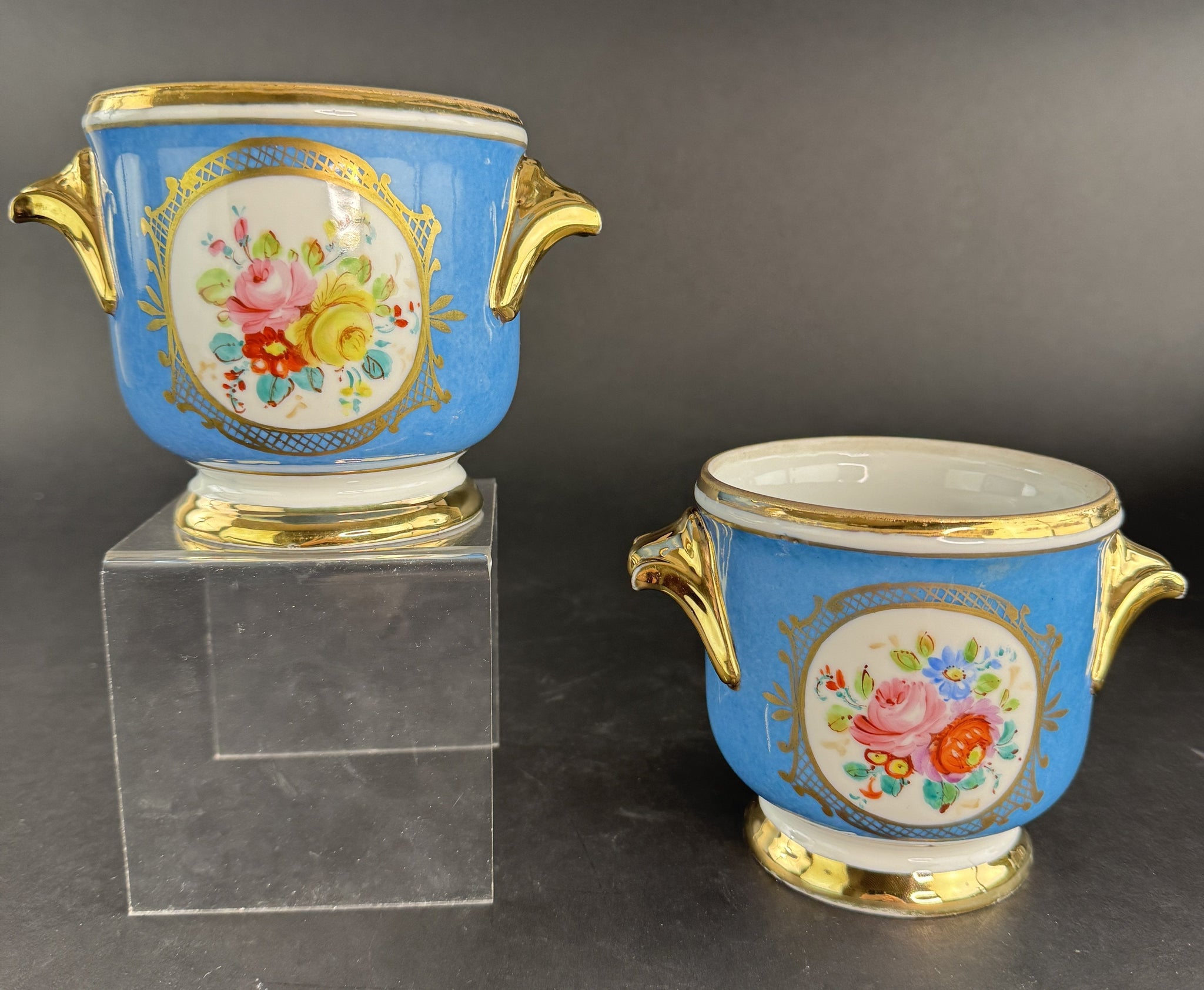 Pair Antique French Blue Gilt Floral Porcelain Planters Cache Pots Jardinieres