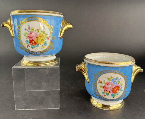 Pair Antique French Blue Gilt Floral Porcelain Planters Cache Pots Jardinieres