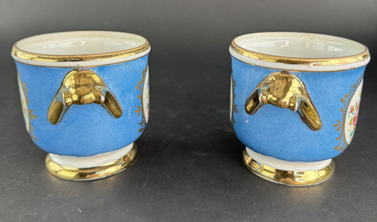 Pair Antique French Blue Gilt Floral Porcelain Planters Cache Pots Jardinieres