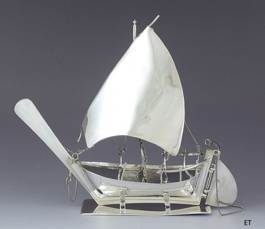 Antique Sterling Silver Model Sailing Ship Boat w/ Moving Rudder Anchor