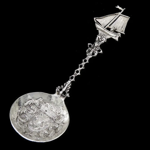 Antique Dutch Colonial Silver Sailboat Crest Bowl Serving Spoon