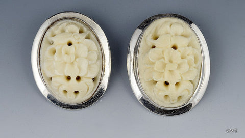 Wonderful Sajen Sterling Silver Earrings Hand Carved White Stone Clip-on 1990s