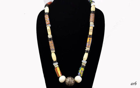 Late 1800s Italian Millefiori Style African Trade Bead and Carved Bead Necklace