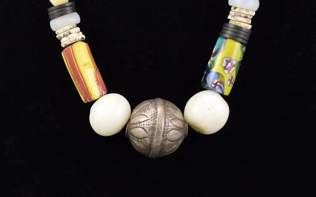 Late 1800s Italian Millefiori Style African Trade Bead and Carved Bead Necklace