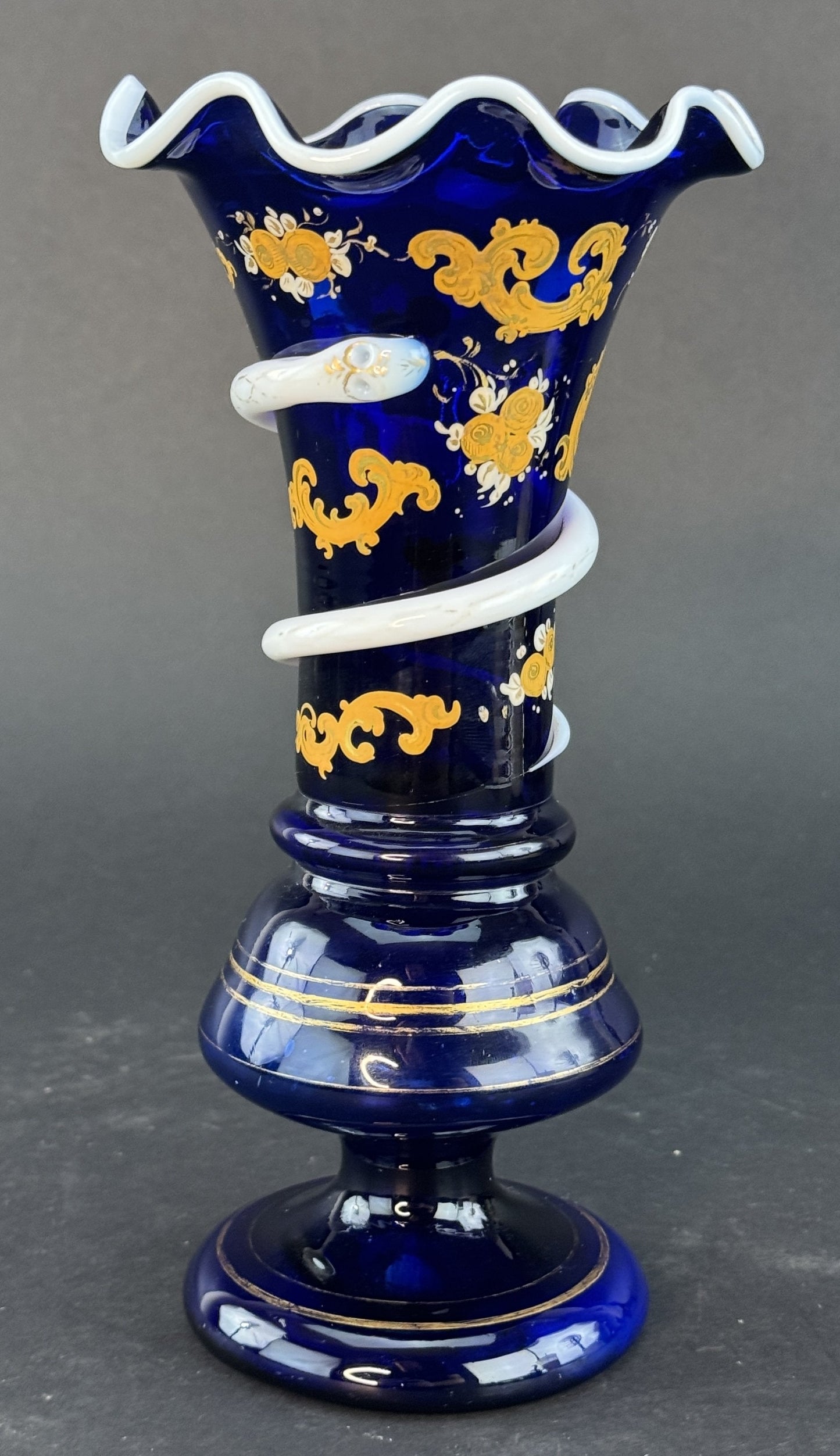 Fine Quality Cobalt and White Glass Snake Vase Circa 1860s