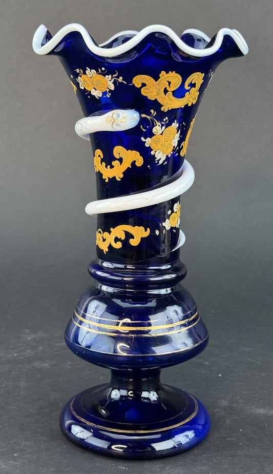 Fine Quality Cobalt and White Glass Snake Vase Circa 1860s