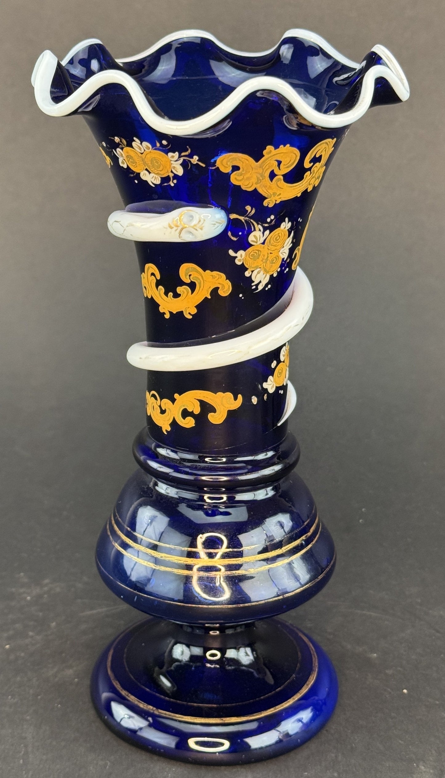 Fine Quality Cobalt and White Glass Snake Vase Circa 1860s