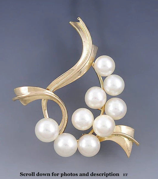 Fine Quality 14k Yellow Gold Pearl Openwork Ribbon Brooch/Pin