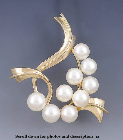 Fine Quality 14k Yellow Gold Pearl Openwork Ribbon Brooch/Pin