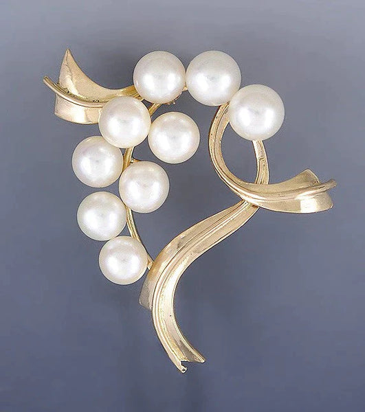 Fine Quality 14k Yellow Gold Pearl Openwork Ribbon Brooch/Pin