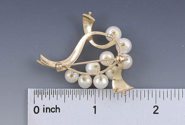 Fine Quality 14k Yellow Gold Pearl Openwork Ribbon Brooch/Pin