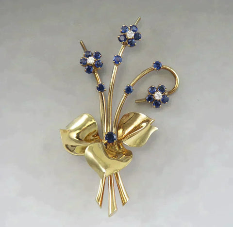 Vintage 14K Yellow Gold Diamond Sapphire Gemstone Flower Bouquet Pin/Brooch