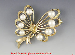 Signed Mikimoto 14k Gold Natural Pearl Ribbon Bow Form Brooch/Pin