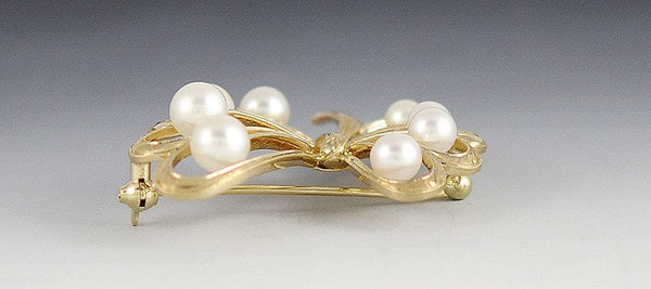 Signed Mikimoto 14k Gold Natural Pearl Ribbon Bow Form Brooch/Pin