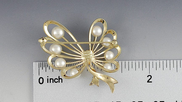 Signed Mikimoto 14k Gold Natural Pearl Ribbon Bow Form Brooch/Pin