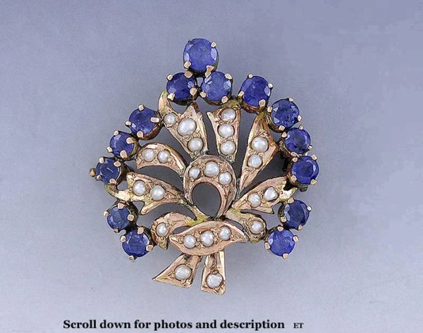 c1910 Elegant Indian Sapphire Pearl 14k Gold Peacock Fan Pin / Brooch