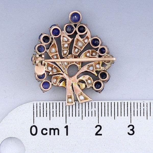 c1910 Elegant Indian Sapphire Pearl 14k Gold Peacock Fan Pin / Brooch