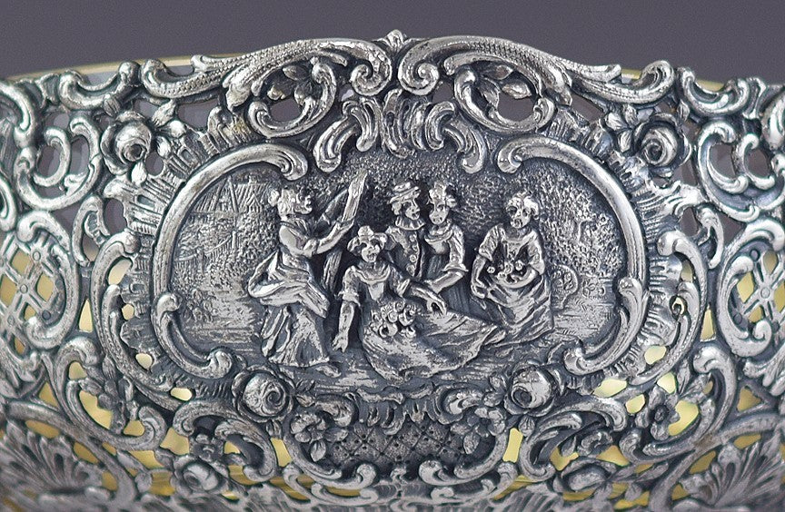 Antique c1900 Art Nouveau German 800 Silver Openwork Bowl w Clear Glass Liner