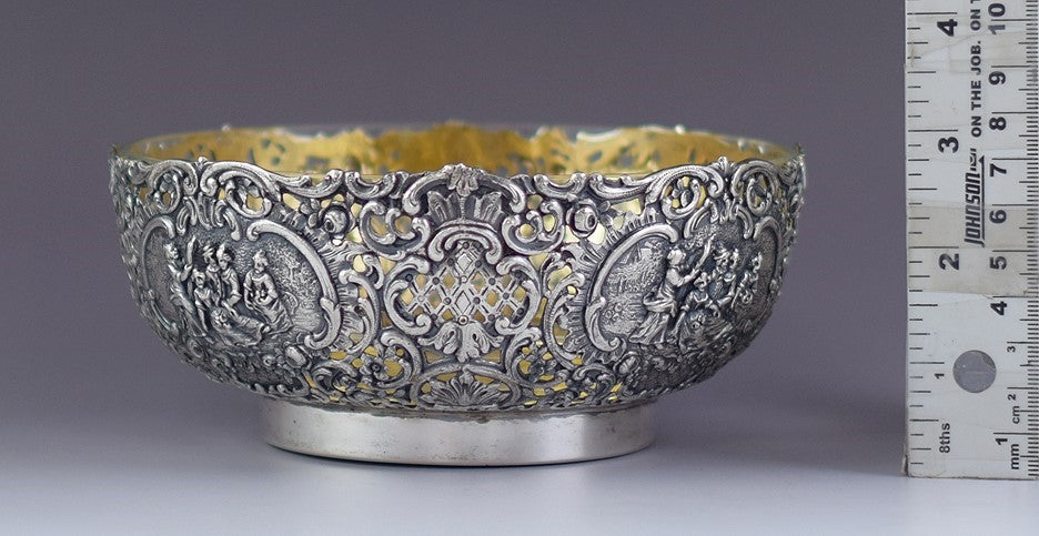Antique c1900 Art Nouveau German 800 Silver Openwork Bowl w Clear Glass Liner