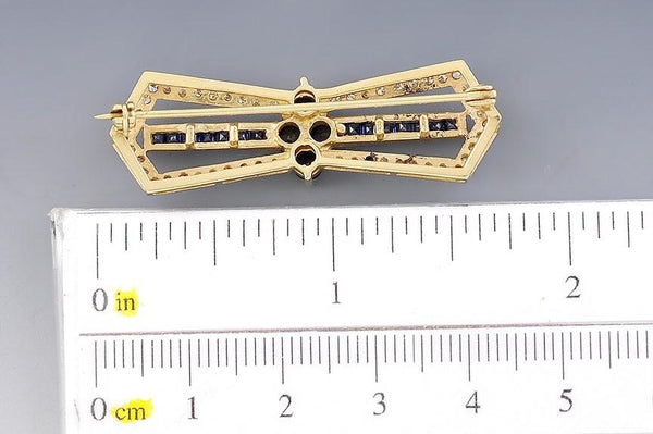 Stunning 14k Yellow Gold Blue Sapphire Diamond Bow Bowtie Pin Brooch