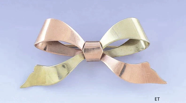 Lovely Retro 10k Two Tone Rose Yellow Gold Ribbon Bow Pin / Brooch