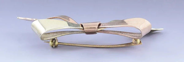 Lovely Retro 10k Two Tone Rose Yellow Gold Ribbon Bow Pin / Brooch