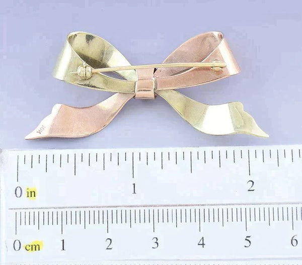 Lovely Retro 10k Two Tone Rose Yellow Gold Ribbon Bow Pin / Brooch