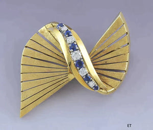 Superb European 18k Gold Sapphire and Diamond Bow Form Pin Brooch