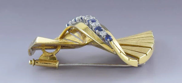 Superb European 18k Gold Sapphire and Diamond Bow Form Pin Brooch