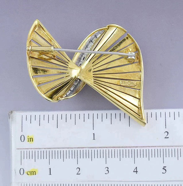 Superb European 18k Gold Sapphire and Diamond Bow Form Pin Brooch