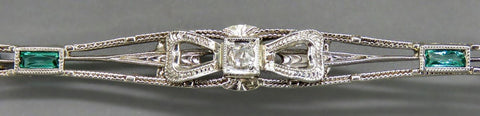 Antique 10K White Gold Diamond Bow Bar Pin Brooch