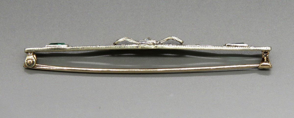 Antique 10K White Gold Diamond Bow Bar Pin Brooch