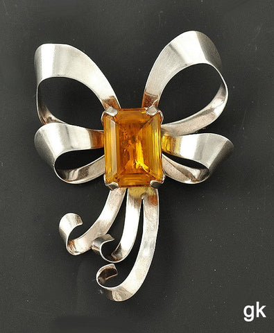 Great Sterling Silver and Orange Glass Stone Bow Shaped Pin/Brooch