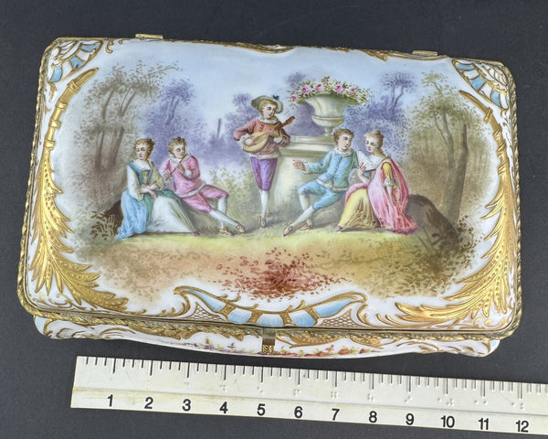 Ornate Handpainted c1900 European Porcelain Jewelry Dresser Box w Courting Scene