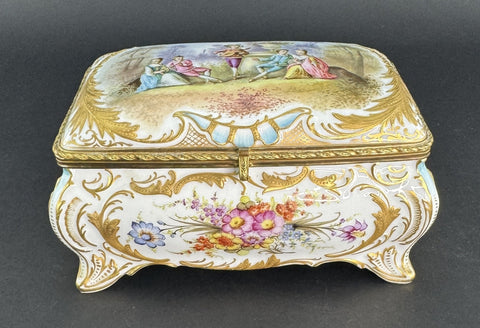 Ornate Handpainted c1900 European Porcelain Jewelry Dresser Box w Courting Scene