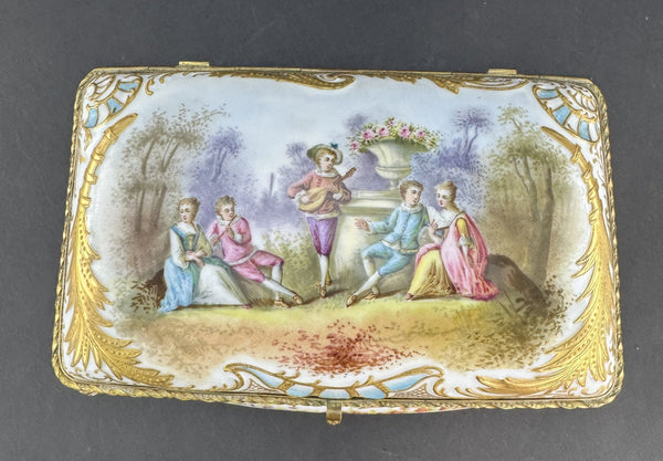 Ornate Handpainted c1900 European Porcelain Jewelry Dresser Box w Courting Scene