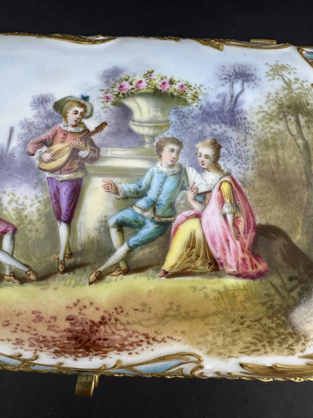 Ornate Handpainted c1900 European Porcelain Jewelry Dresser Box w Courting Scene