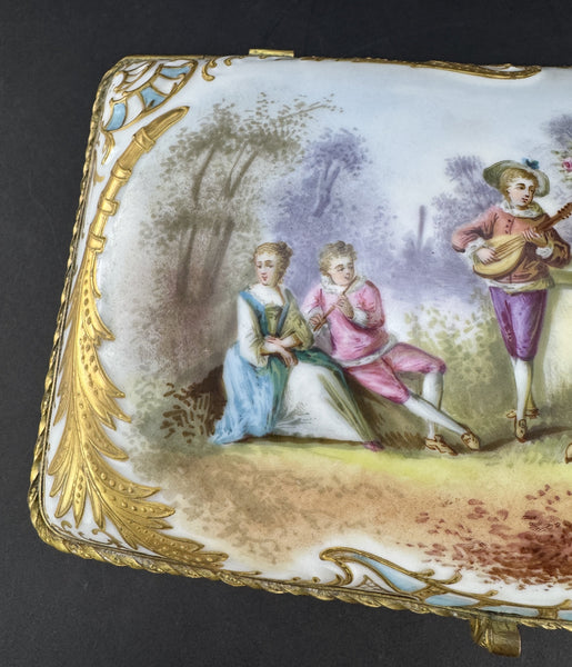 Ornate Handpainted c1900 European Porcelain Jewelry Dresser Box w Courting Scene