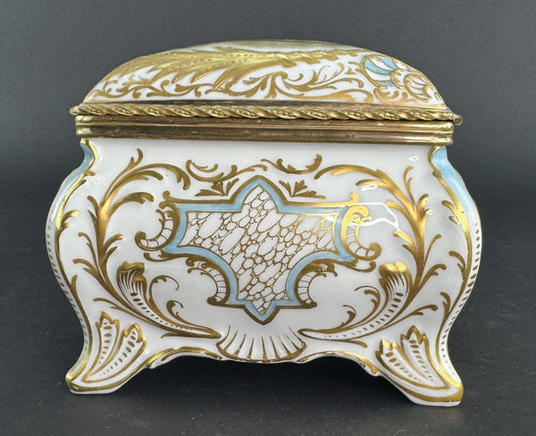 Ornate Handpainted c1900 European Porcelain Jewelry Dresser Box w Courting Scene