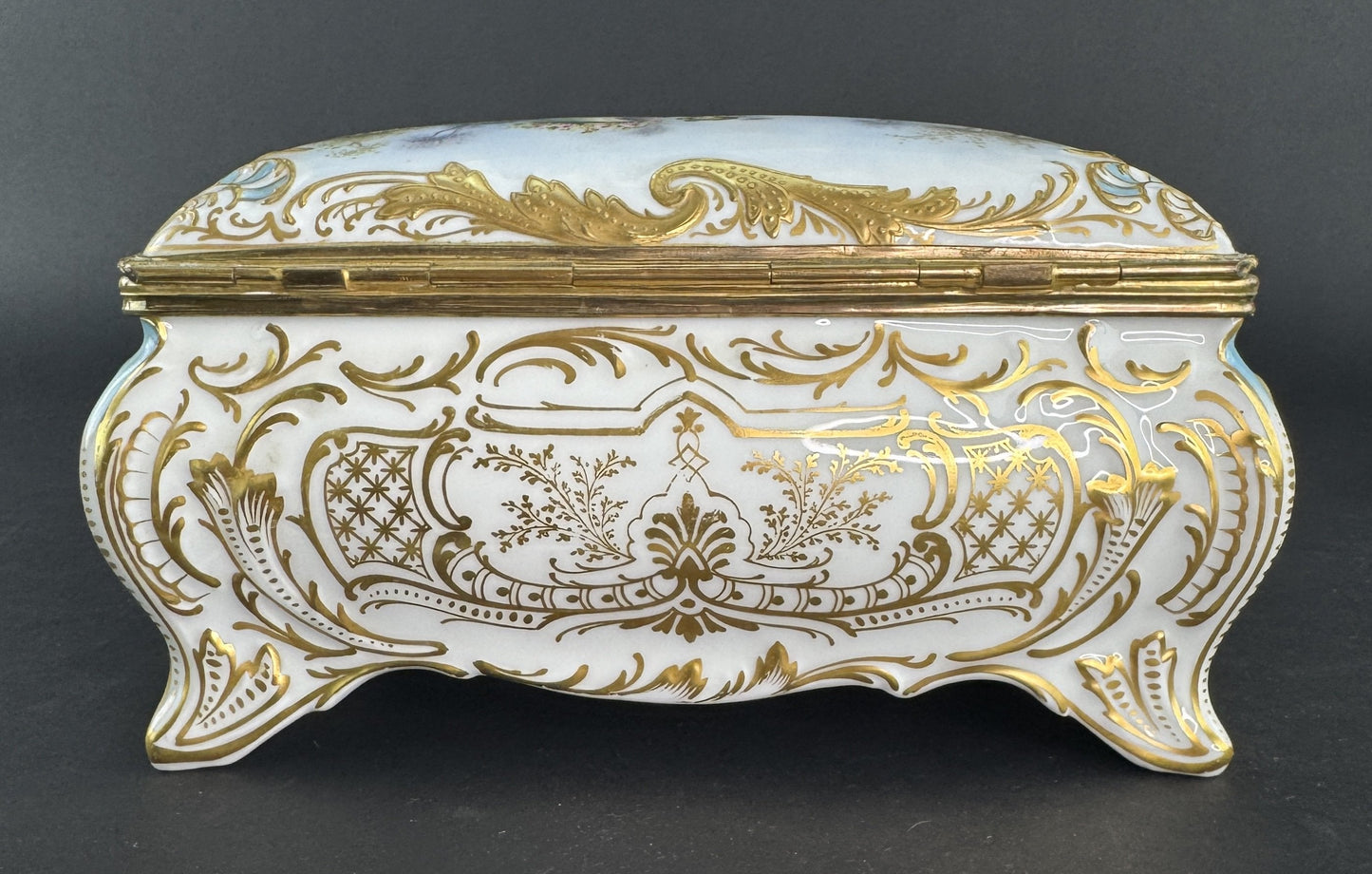 Ornate Handpainted c1900 European Porcelain Jewelry Dresser Box w Courting Scene