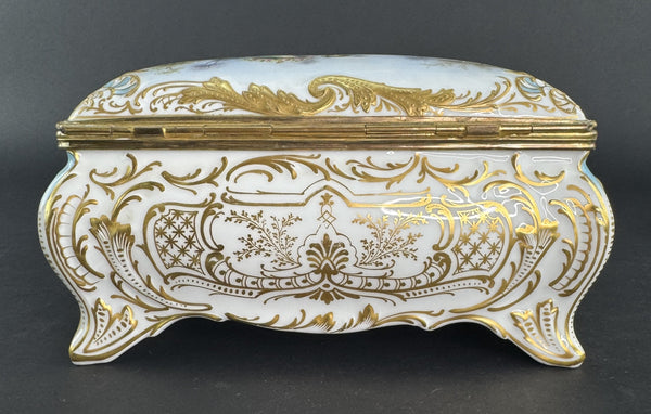 Ornate Handpainted c1900 European Porcelain Jewelry Dresser Box w Courting Scene