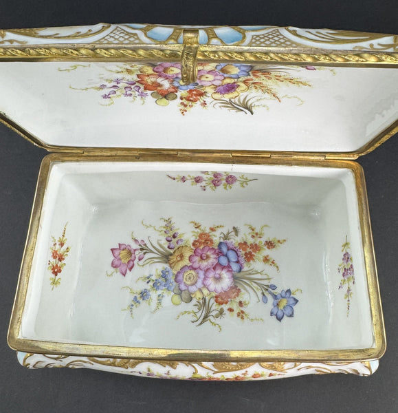 Ornate Handpainted c1900 European Porcelain Jewelry Dresser Box w Courting Scene