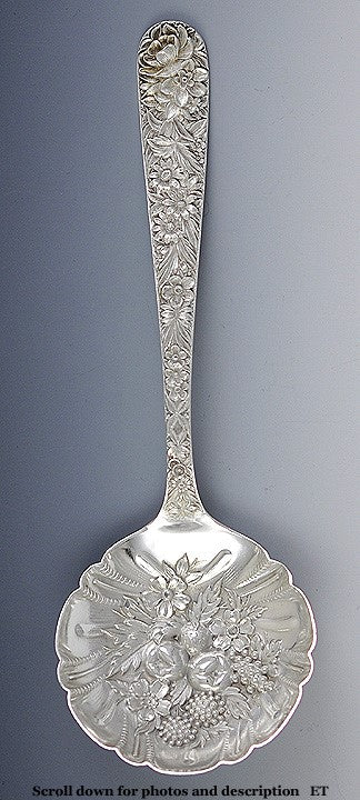 Antique Sterling Silver Kirk Repousse Flower Berry Casserole Serving Spoon 9.25"