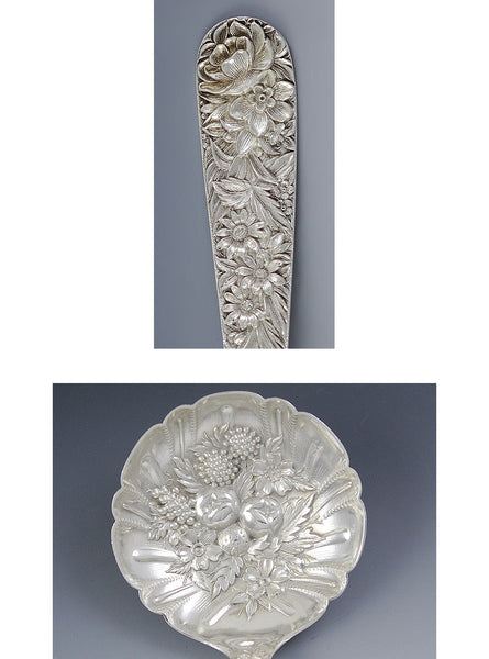 Antique Sterling Silver Kirk Repousse Flower Berry Casserole Serving Spoon 9.25"