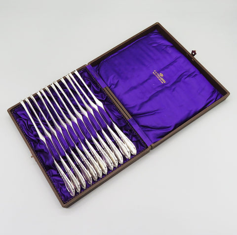 12 Antique 1939 Swedish Silver Lobster Seafood Picks Original Fitted Box